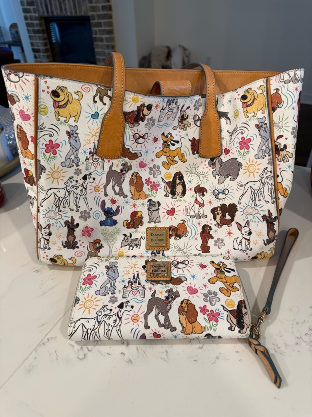 Dooney & Bourke White Disney Dogs Print Zip Tote with Tan Trim and Wallet